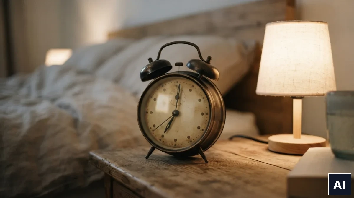 Tradycyjny budzik na szafce nocnej obok lampki